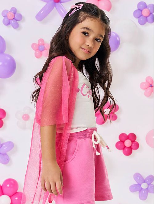 Conjunto Infantil Menina Blusa, Short E Kimono Tule Rosa Mundo Cinti