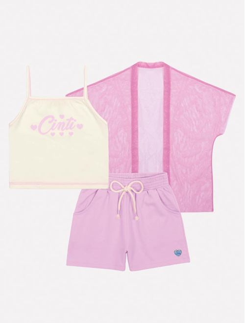 Conjunto Infantil Menina Blusa, Short E Kimono Tule Lilás Mundo Cinti