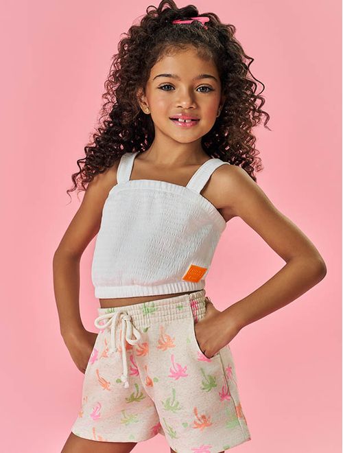 Conjunto Infantil Menina Blusa E Short Coqueiros Natural Mundo Cinti