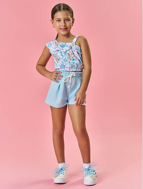 Conjunto Infantil Menina Blusa Sereia E Short Azul Mundo Cinti