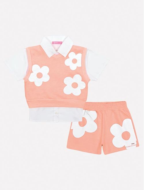 Conjunto Infantil Menina Camisa, Colete E Short Flor Laranja Neon Mundo Cinti