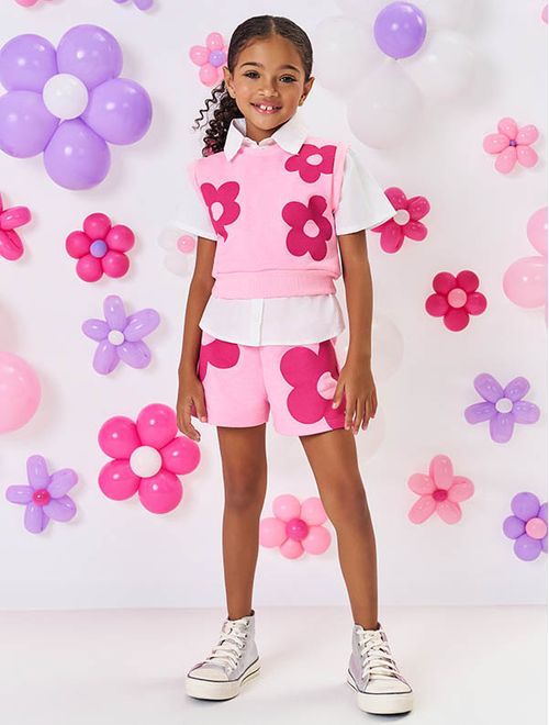 Conjunto Infantil Menina Camisa, Colete E Short Flores Rosa Mundo Cinti