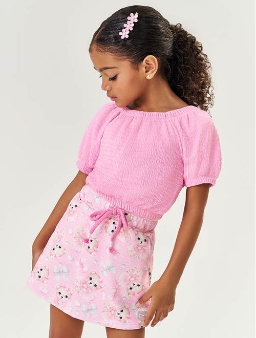 Conjunto Infantil Menina Blusa E Short-Saia Ursinhos Rosa Mundo Cinti