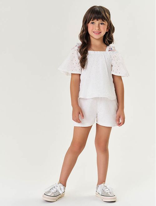 Conjunto Infantil Menina Blusa E Short Laise Floral Off White Mundo Cinti