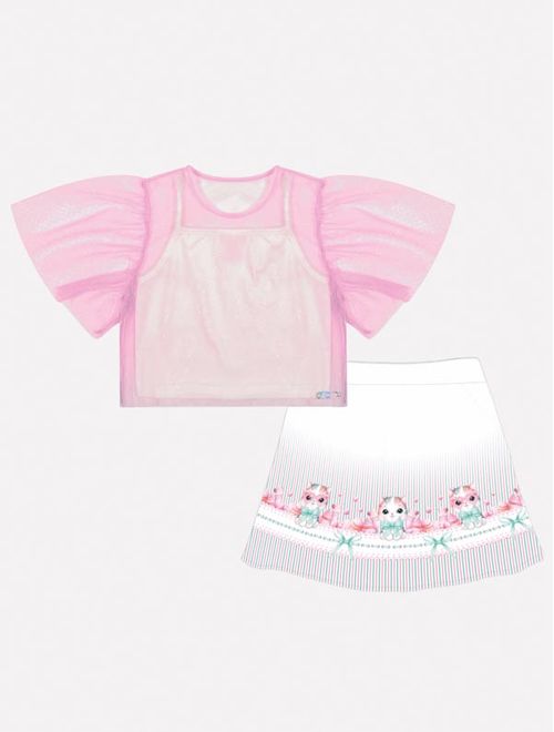 Conjunto Infantil Menina Top, Blusa E Saia-Short Gatinha Rosa Mundo Cinti