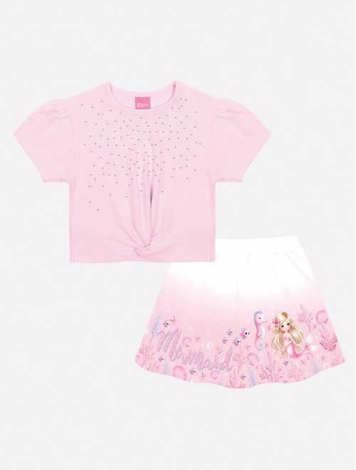 Conjunto Infantil Menina Blusa E Saia-Short Sereia Rosa Mundo Cinti