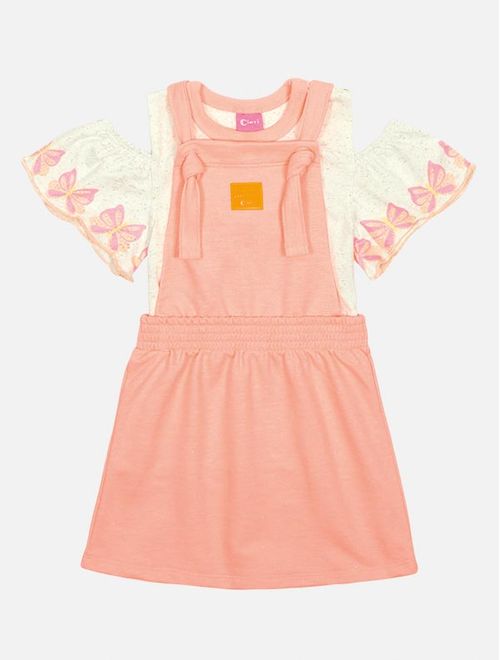 Conjunto Infantil Menina Blusa Borboletas E Salopete Laranja Neon Mundo Cinti