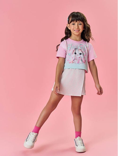 Conjunto Infantil Menina Blusa Sweet, Short-Saia E Bolsa Rosa Mundo Cinti