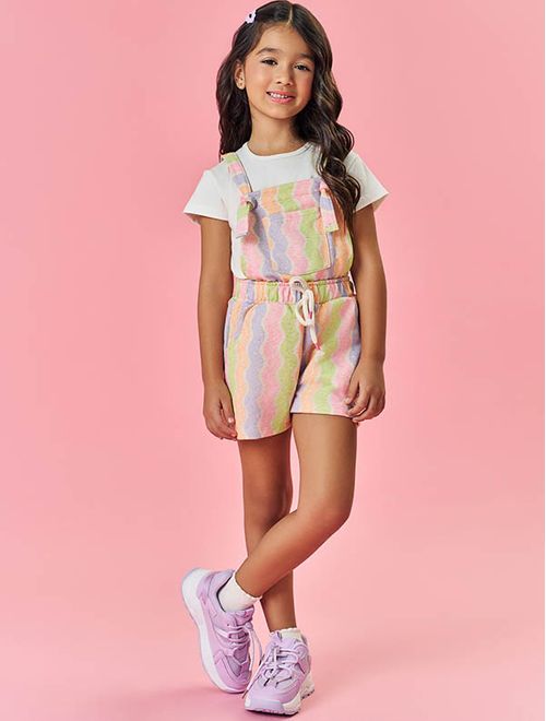 Conjunto Infantil Menina Blusa E Jardineira Arco-Íris Rosa Mundo Cinti