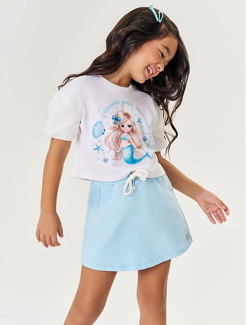 Conjunto Infantil Menina Blusa Sereia E Short-Saia Natural E Azul Mundo Cinti