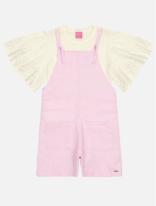 Conjunto Infantil Menina Blusa E Jardineira Sarja Rosa Mundo Cinti
