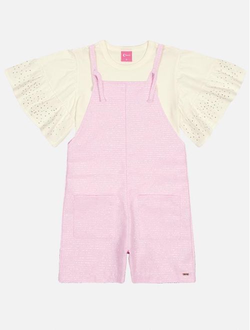 Conjunto Infantil Menina Blusa E Jardineira Sarja Rosa Mundo Cinti