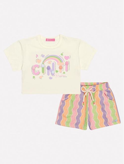 Conjunto Infantil Menina Blusa E Short Arco-Íris Laranja Neon Mundo Cinti