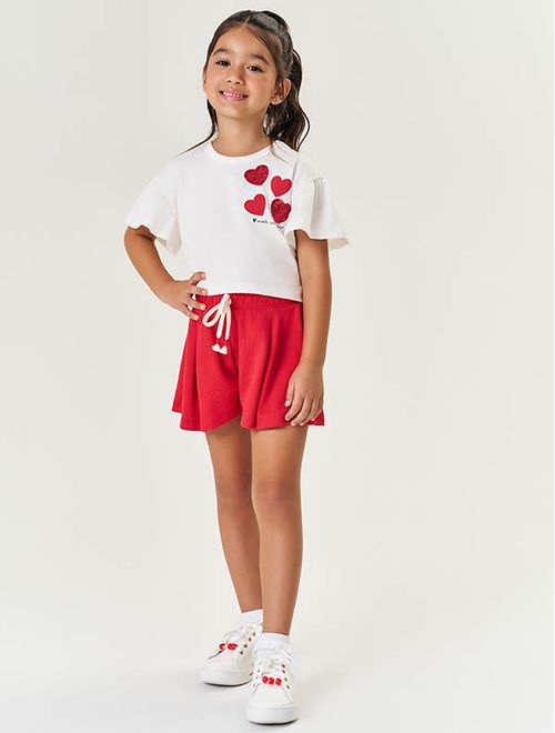 Conjunto Infantil Menina Blusa Coração Paetê E Short Vermelho Mundo Cinti