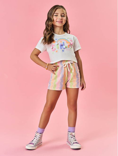 Conjunto Infantil Menina Blusa E Short Arco-Íris Rosa E Lilás Mundo Cinti