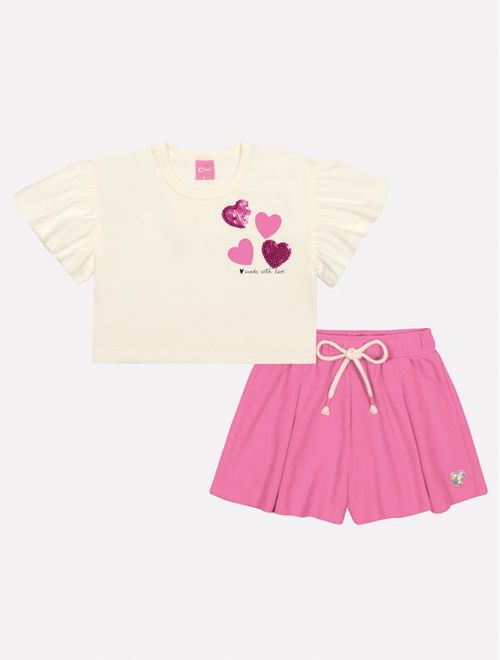 Conjunto Infantil Menina Blusa Coração Paetê E Short Rosa Mundo Cinti