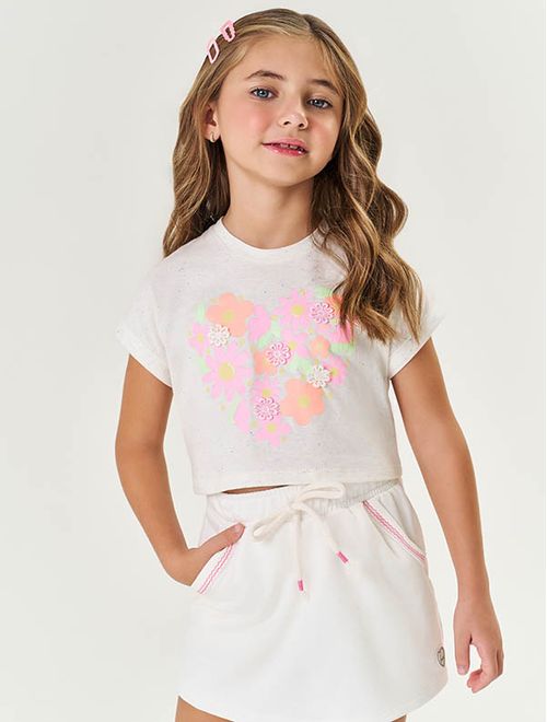 Conjunto Infantil Menina Blusa Aplique Flores E Short-Saia Natural Mundo Cinti