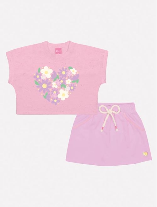 Conjunto Infantil Menina Blusa Aplique Flores E Short-Saia Lilás Mundo Cinti