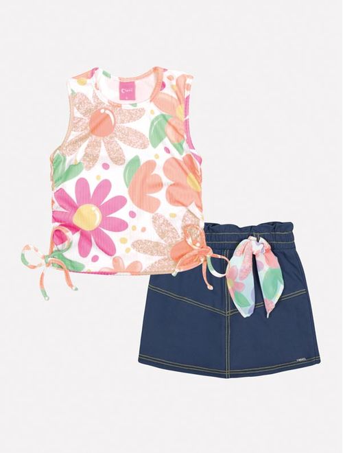 Conjunto Infantil Menina Blusa Floral, Short-Saia E Lenço Laranja Mundo Cinti