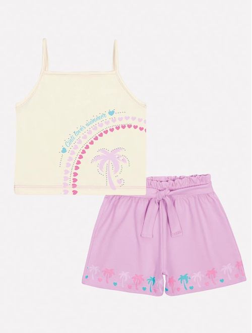 Conjunto Infantil Menina Blusa E Short Coqueiros Lilás Mundo Cinti