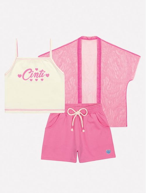 Conjunto Infantil Menina Blusa, Short E Kimono Tule Rosa Mundo Cinti