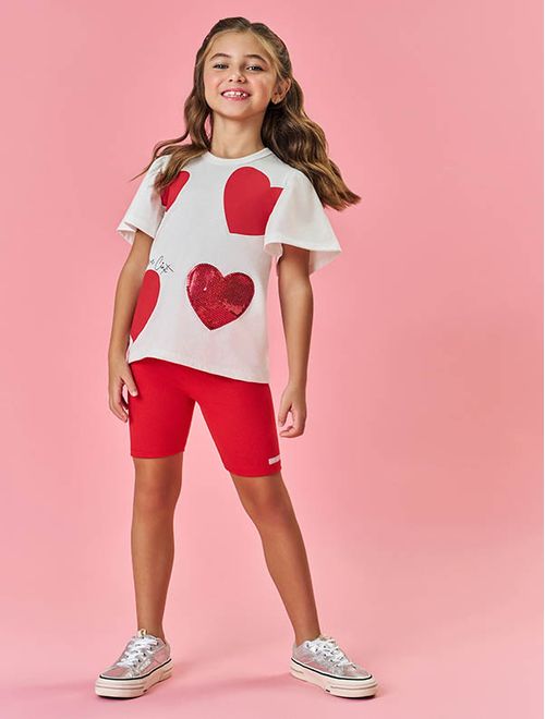 Conjunto Infantil Menina Blusa Coração Paetê E Ciclista Vermelho Mundo Cinti