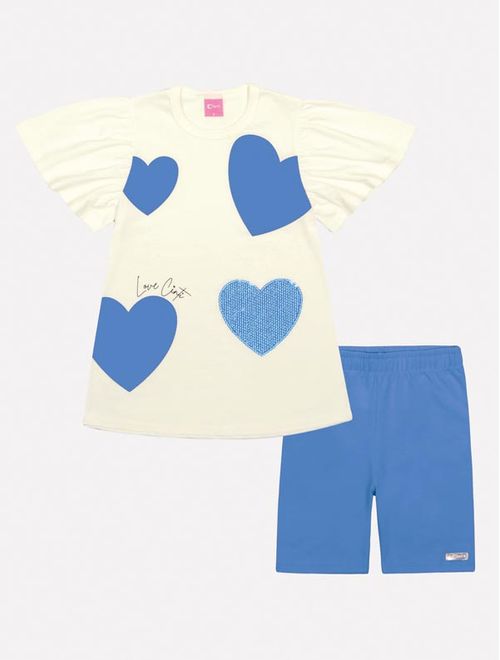 Conjunto Infantil Menina Blusa Coração Paetê E Ciclista Azul Mundo Cinti