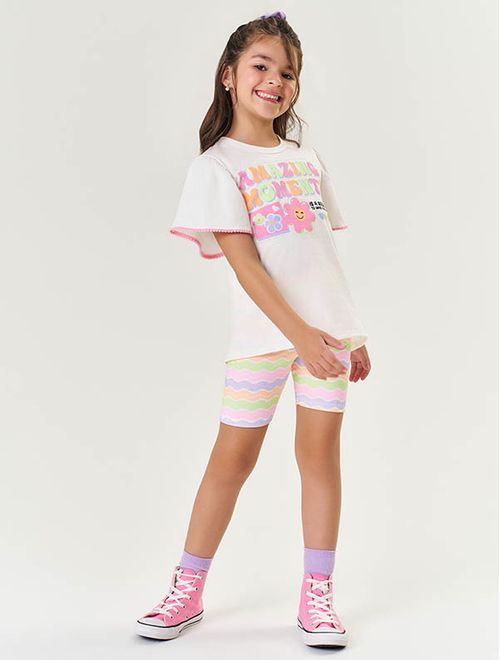 Conjunto Infantil Menina Blusa E Ciclista Arco-Íris Laranja Neon Mundo Cinti