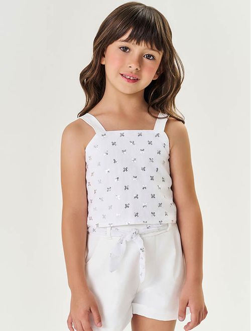 Conjunto Infantil Menina Blusa E Short Bordado Paetê Branco Mundo Cinti