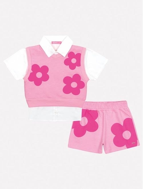 Conjunto Infantil Menina Camisa, Colete E Short Flores Rosa Mundo Cinti