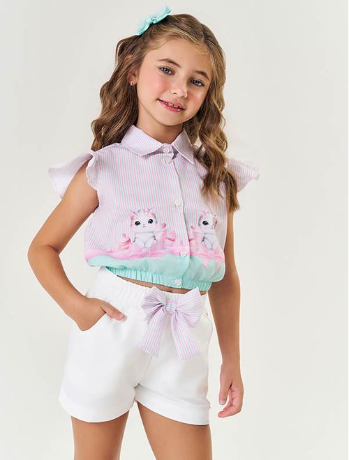 Conjunto Infantil Menina Camisa Gatinha E Short Rosa E Off White Mundo Cinti