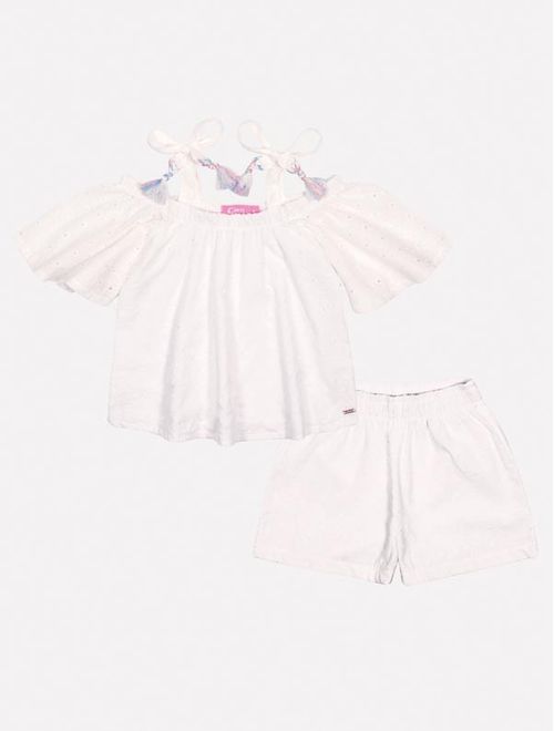 Conjunto Infantil Menina Blusa E Short Laise Floral Off White Mundo Cinti