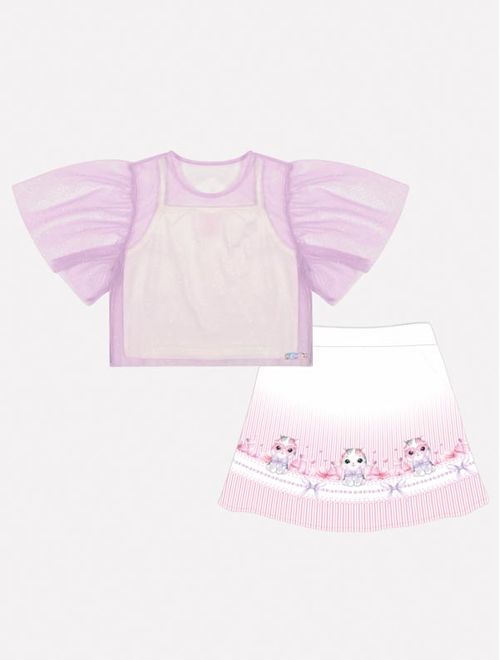 Conjunto Infantil Menina Top, Blusa E Saia-Short Gatinha Lilás Mundo Cinti