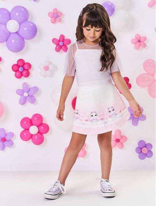 Conjunto Infantil Menina Top, Blusa E Saia-Short Gatinha Rosa Mundo Cinti