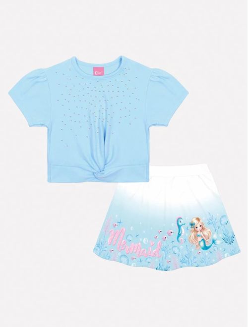 Conjunto Infantil Menina Blusa E Saia-Short Sereia Azul Mundo Cinti