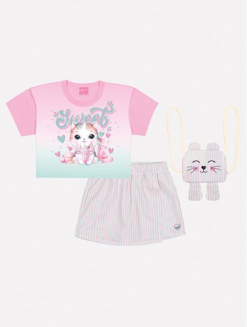 Conjunto Infantil Menina Blusa Sweet, Short-Saia E Bolsa Rosa Mundo Cinti