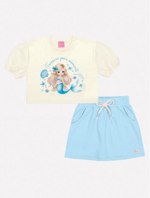 Conjunto Infantil Menina Blusa Sereia E Short-Saia Natural E Azul Mundo Cinti