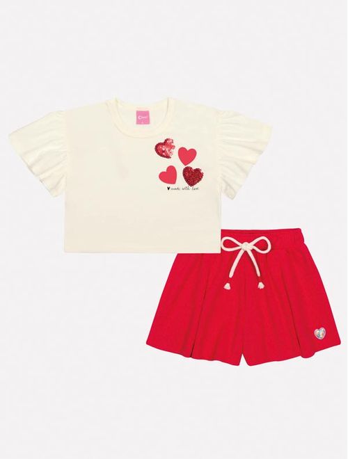 Conjunto Infantil Menina Blusa Coração Paetê E Short Vermelho Mundo Cinti