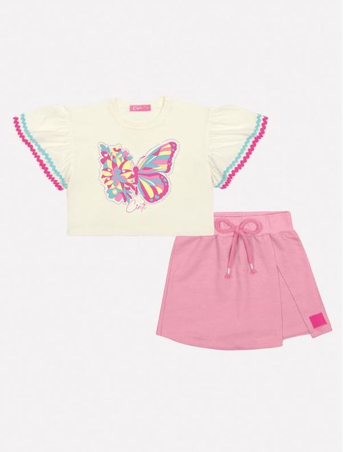 Conjunto Infantil Menina Blusa Borboleta E Short-Saia Rosa Mundo Cinti