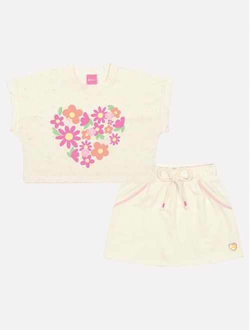 Conjunto Infantil Menina Blusa Aplique Flores E Short-Saia Natural Mundo Cinti