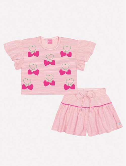 Conjunto Infantil Menina Tutti-Frutti Blusa E Short Listras Rosa Mundo Cinti