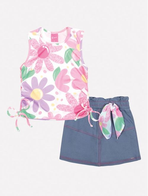Conjunto Infantil Menina Blusa Floral, Short-Saia E Lenço Rosa Mundo Cinti