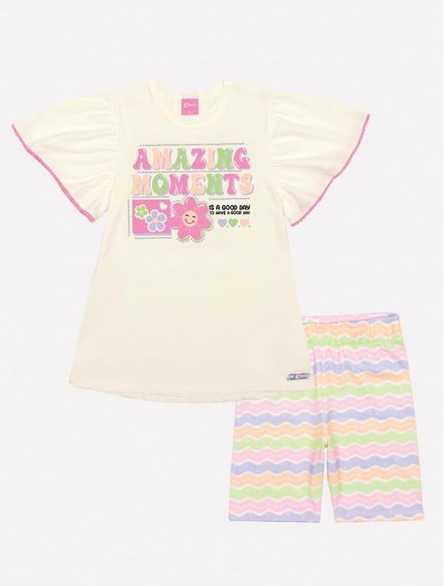 Conjunto Infantil Menina Blusa E Ciclista Arco-Íris Laranja Neon Mundo Cinti