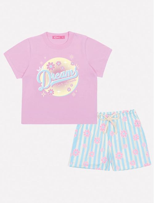 Pijama Infantil Menina Blusa E Short Dreams Lilás E Azul Mundo Cinti