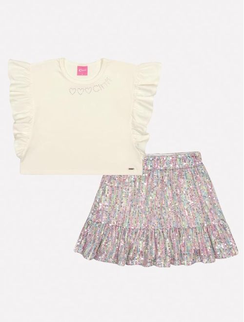 Conjunto Infantil Menina Blusa E Saia-Short Paetê Natural Mundo Cinti