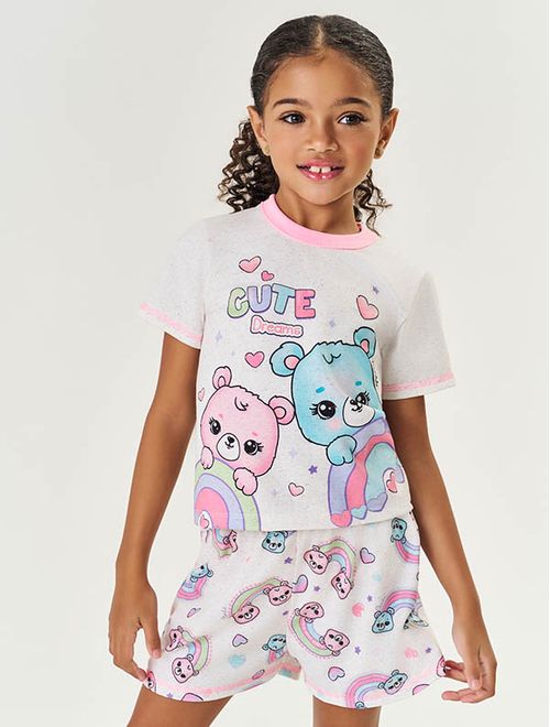 Pijama Infantil Menina Blusa E Short Ursinho Rosa E Off White Mundo Cinti