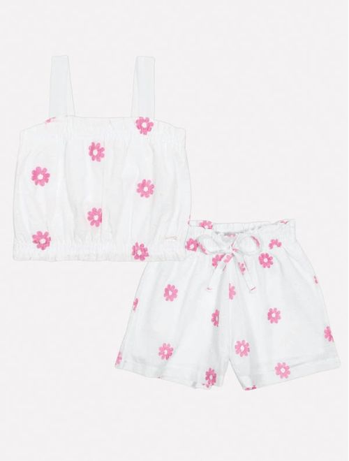 Conjunto Infantil Menina Blusa E Short Bordado Flor Mundo Cinti