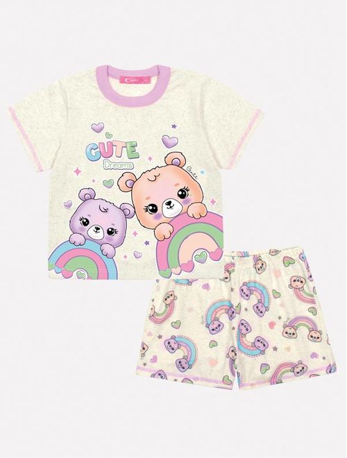 Pijama Infantil Menina Blusa E Short Ursinho Lilás E Off White Mundo Cinti