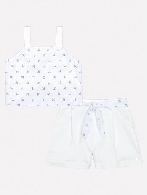 Conjunto Infantil Menina Blusa E Short Bordado Paetê Branco Mundo Cinti