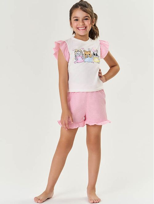 Pijama Infantil Menina Blusa E Short Listrado Rosa Mundo Cinti